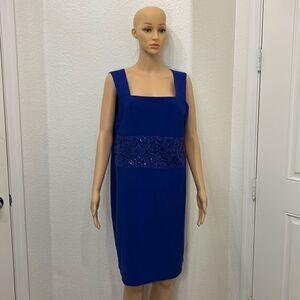 R&M Richards Woman’s Dress Sz 14WP Royal Blue Square Neck Lace Sequins Midi
